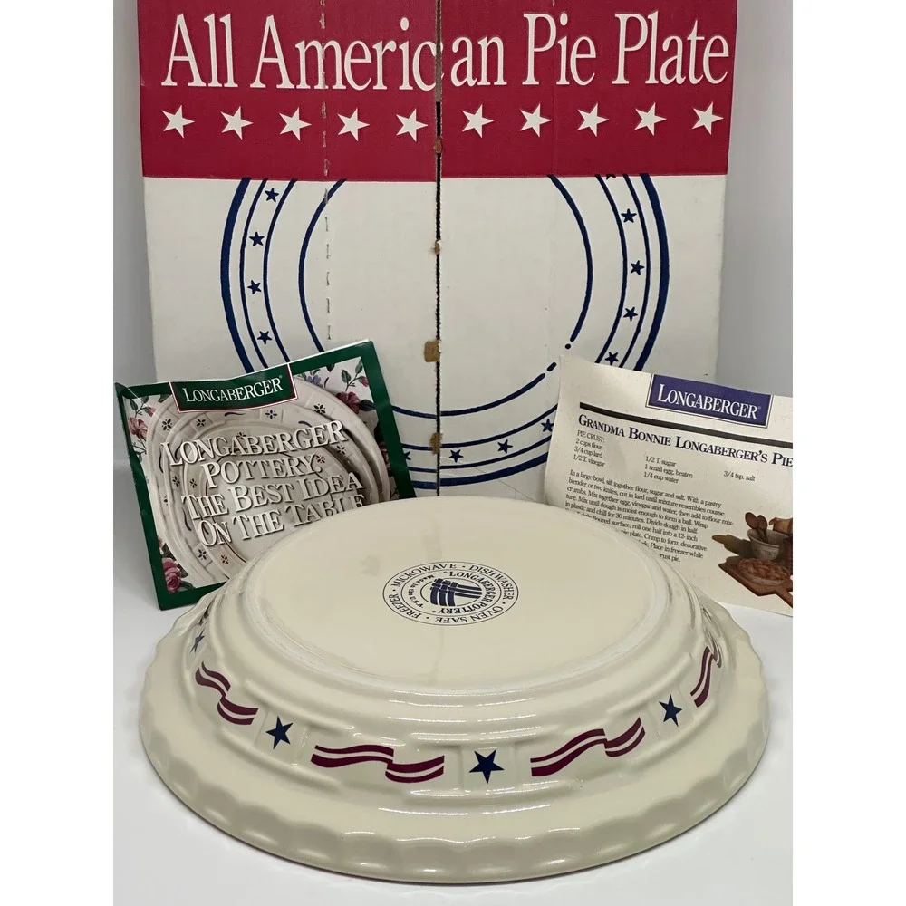 Longaberger All American Pie Plate Pottery Ivory Woven Stars Stripes Baking Dish